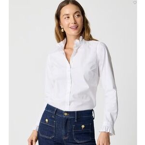 J Crew Top Womens Medium Petite White Ruffle Button Up Shirt Cotton CN039